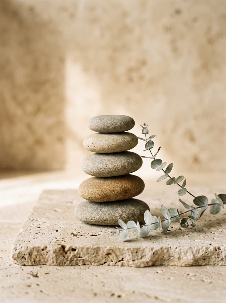 Stacked zen stones with botanical branch on travertine limestone